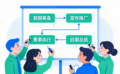 体育策划服务图标 - 策划团队在白板上绘制大型体育赛事活动流程图